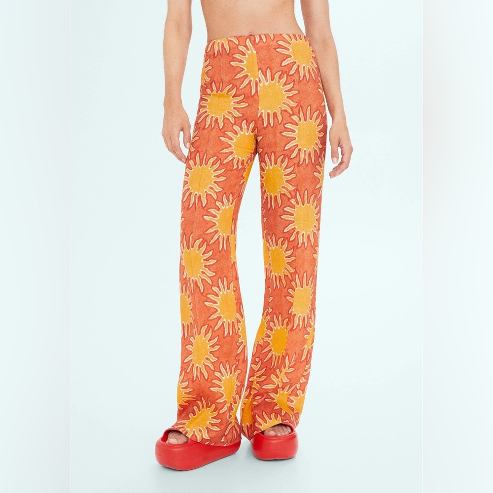 MANGO X SIMON MILLER Printed linen wideleg pants orange yellow sun print MNG 2